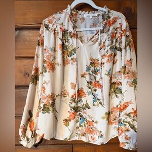 Violet & Claire Cream Floral Tie-Neck Blouse with Orange & Green Accents